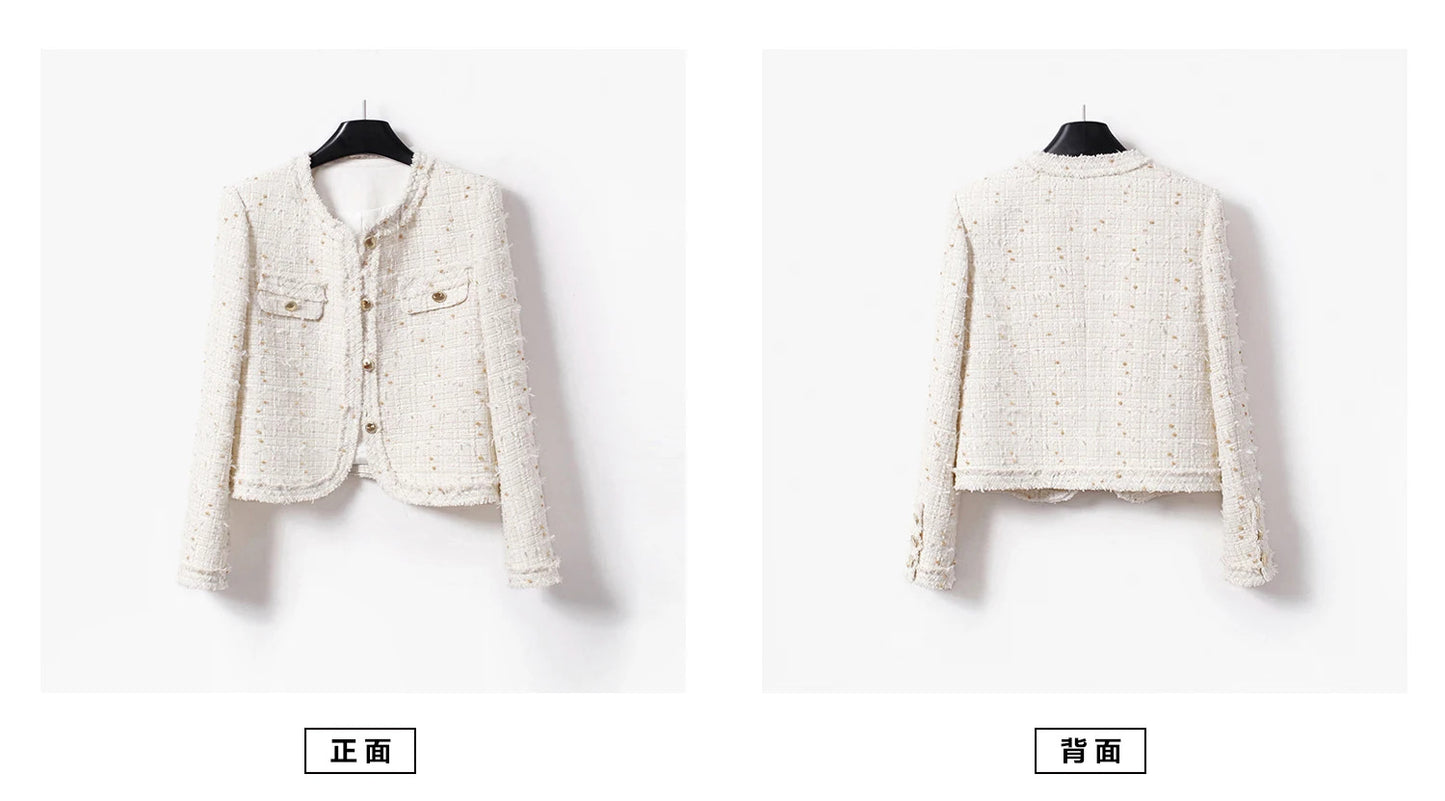 Beige tweed jacket for autumn/winter women's light and thin butterfly gauze small fragrance top, classic woven one piece jacket