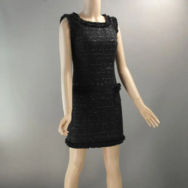 Black bright silk tweed sleeveless dress custom spring / autumn ladies dress was thin ladies bottoming dress