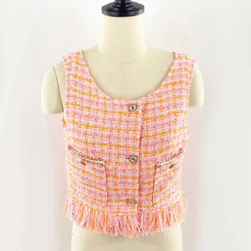 fluorescent pink  Tweed Jacket Sleeveless  Fall / Winter Ladies Coat Jacket  Edge Ladies Costume  Jacket