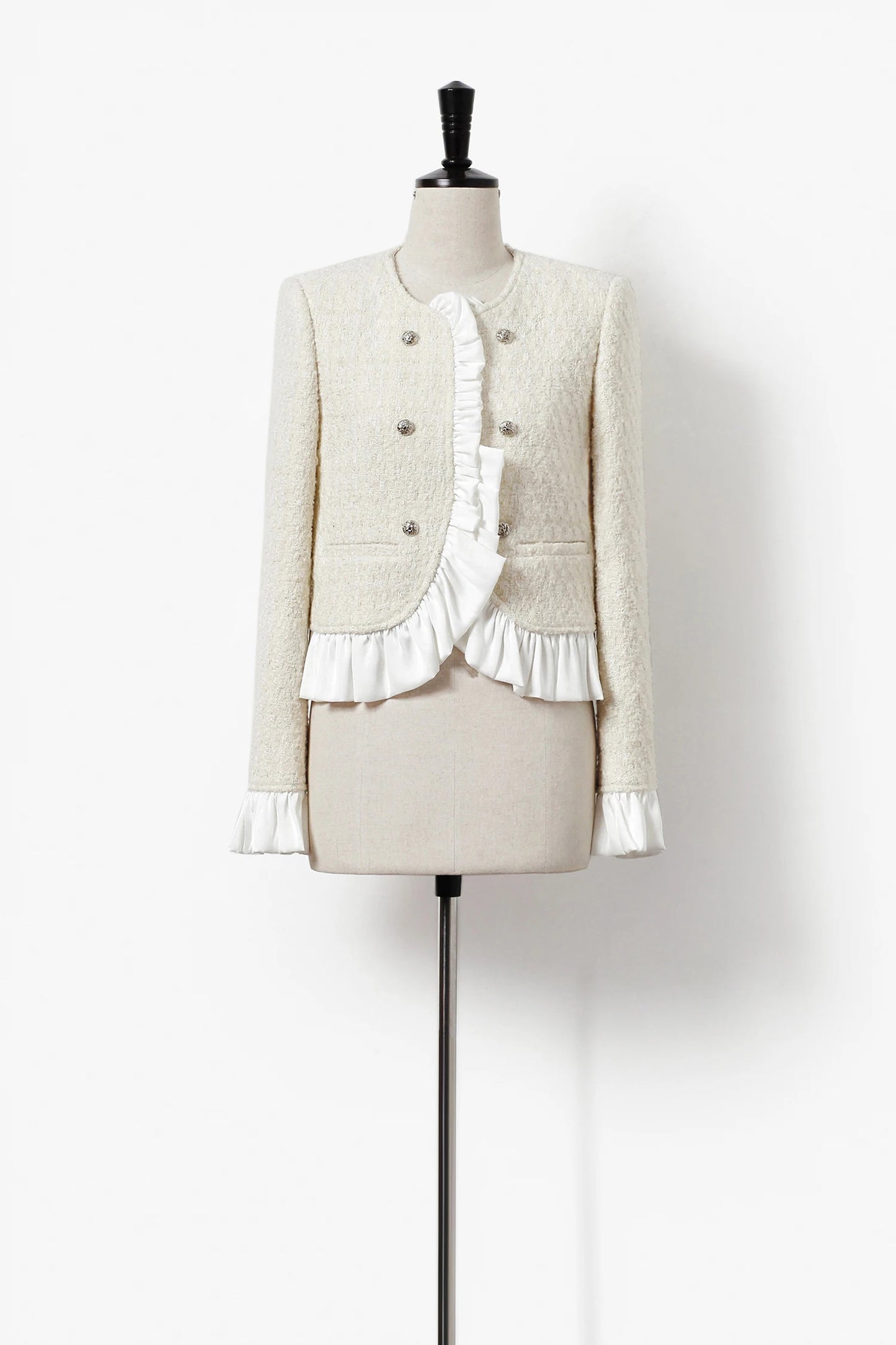 Beige women's coarse tweed jacket, autumn and winter socialite ruffled edge fragrant wind jacket, unique double breasted top