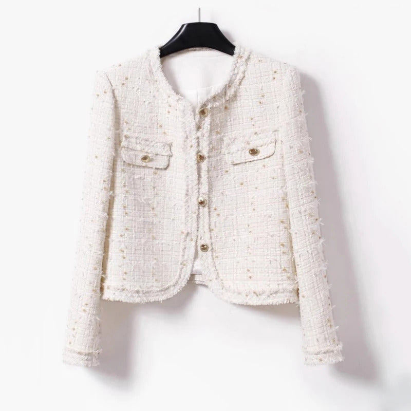 Beige tweed jacket for autumn/winter women's light and thin butterfly gauze small fragrance top, classic woven one piece jacket