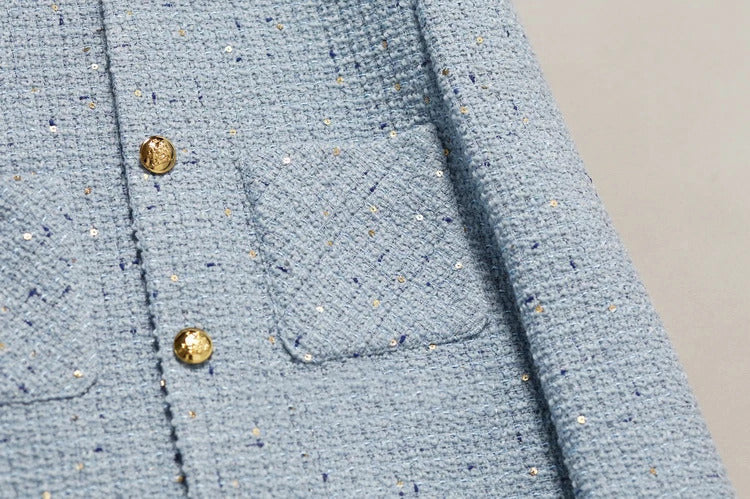 Women's tweed jacketautumn/winter, high-end and fragrant style jacket design for socialites, sequin light blue top