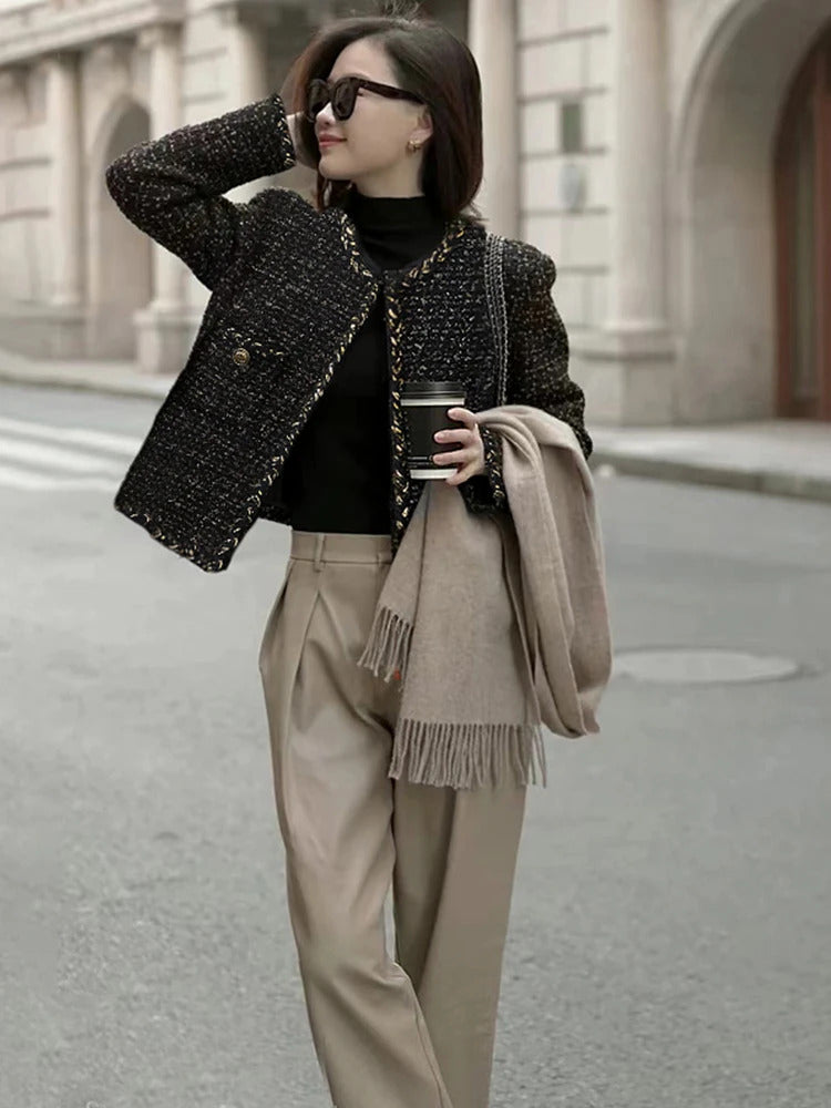 Black tweed jacket Professional spring /autumn women's jacket Business ladies One Piece Classic Coat