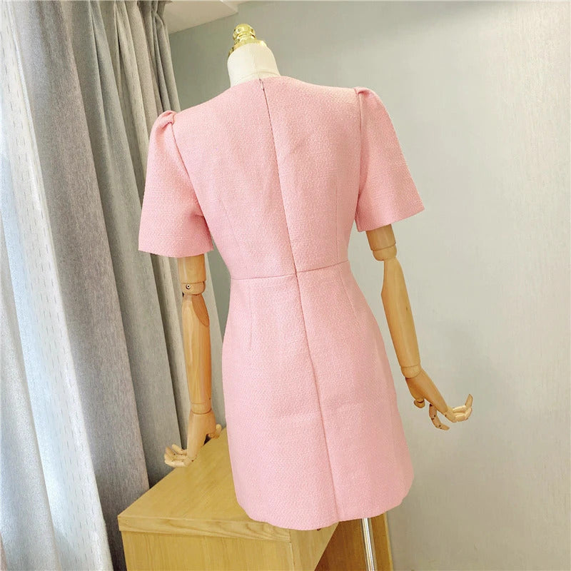 spring / autumn dress Small fragrant wind  New Light Luxury Elegant Mini dress Pink Short sleeve Women Tweed Dress