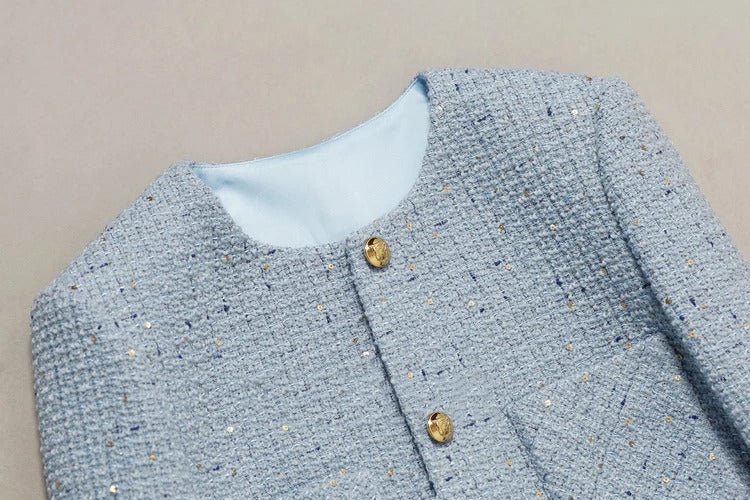 Women's tweed jacketautumn/winter, high-end and fragrant style jacket design for socialites, sequin light blue top