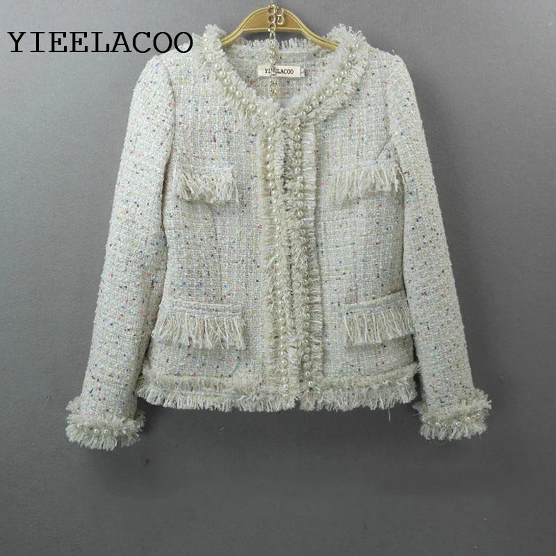 Beige tweed jacket  autumn / winter new women Slim jacket hand-beaded ladies small fragrant wind one-piece jacket