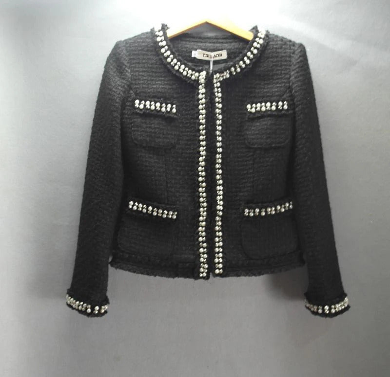 White / black tweed jacket autumn  /winter women's jacket new long-sleeved ladies heavy beaded woolen jacket