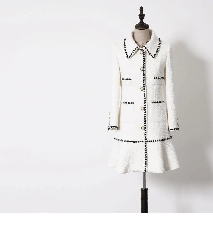 White tweed jacket in the long section of spring / autumn / winter Women's Coat wool new Slim ladies jacket coat