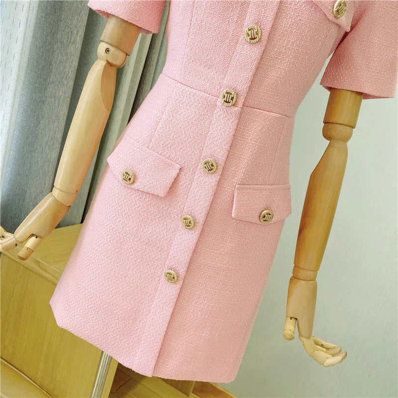 spring / autumn dress Small fragrant wind  New Light Luxury Elegant Mini dress Pink Short sleeve Women Tweed Dress