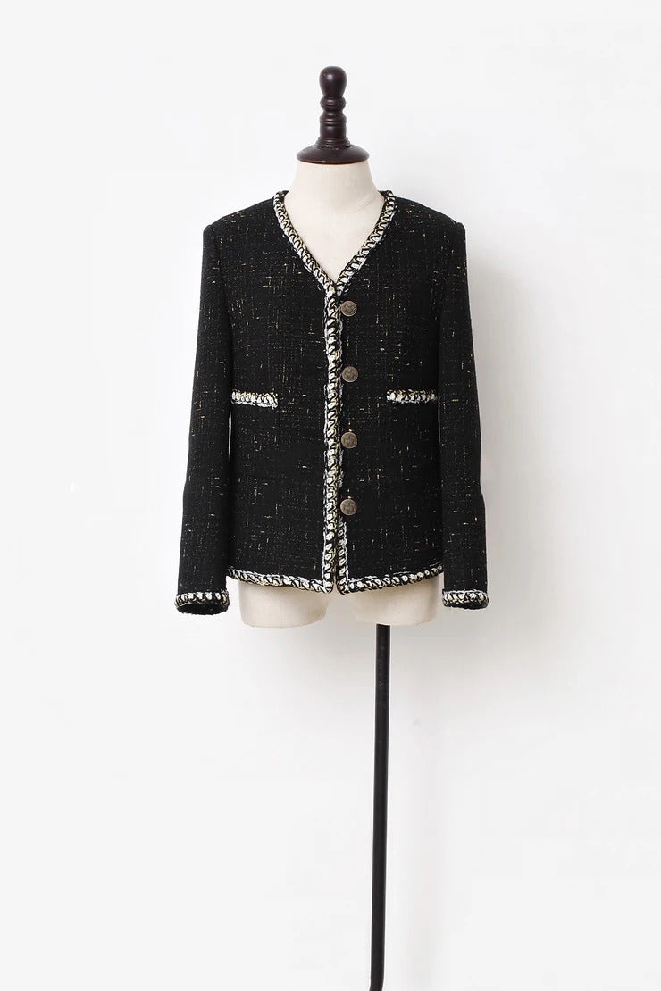 Women's black tweed short coat  new spring and autumn white women's small fragrance top