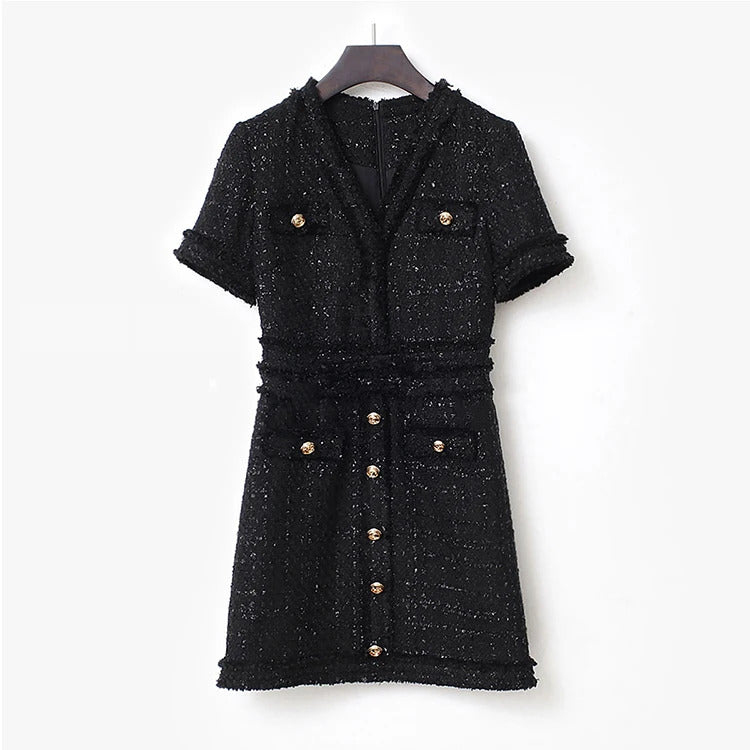 Elegant Black Socialite Spring / Autumn Tweed Thin Women's Dress small fragrance style New bright wire braided Mini dress