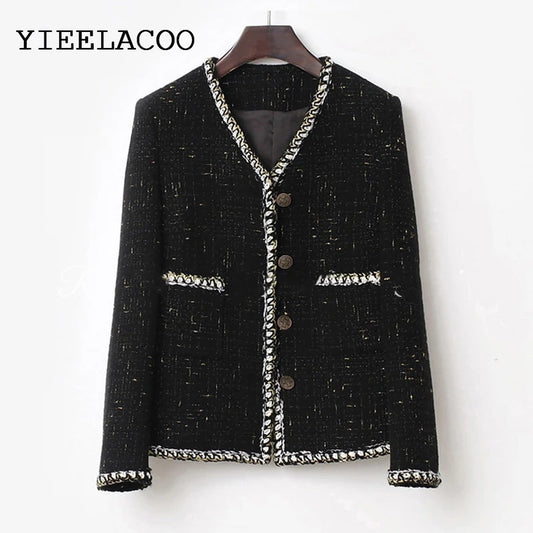 Women's black tweed short coat  new spring and autumn white women's small fragrance top