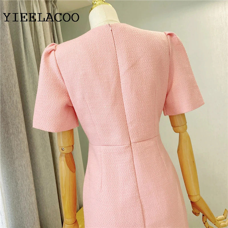 spring / autumn dress Small fragrant wind  New Light Luxury Elegant Mini dress Pink Short sleeve Women Tweed Dress