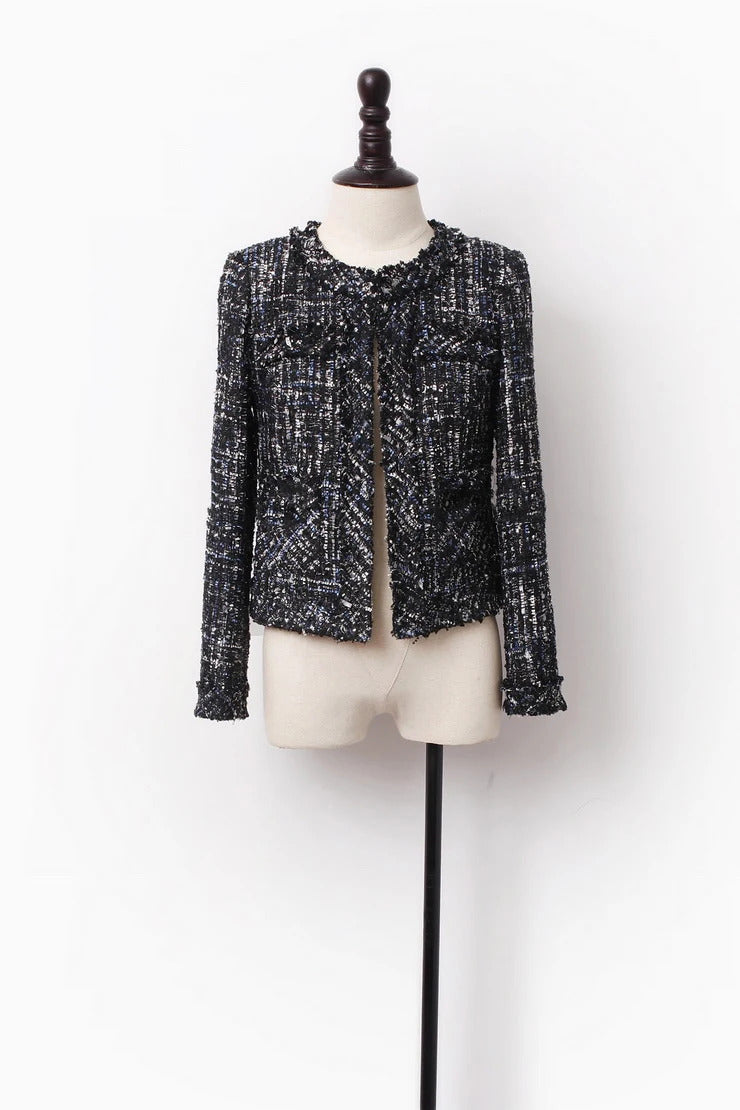 Tweed Jacket women dark blue Sequins flash fabric spring / autumn /winter women's jacket coat classic ladies one-piece jacket