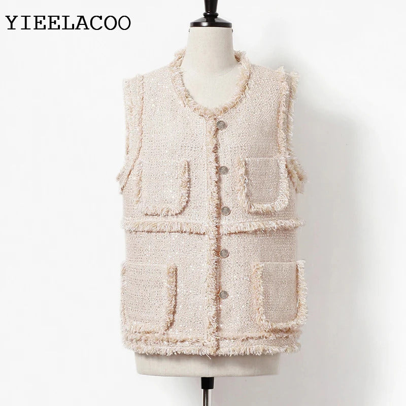 Apricot Sequin Coat  Sleeveless Ladies Spring /Autumn /Winter  Classic Women's Tweed Jacket Coat  Fashion Fragrance Woven Top