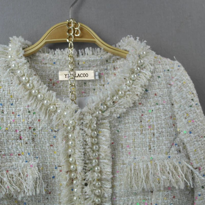 Beige tweed jacket  autumn / winter new women Slim jacket hand-beaded ladies small fragrant wind one-piece jacket