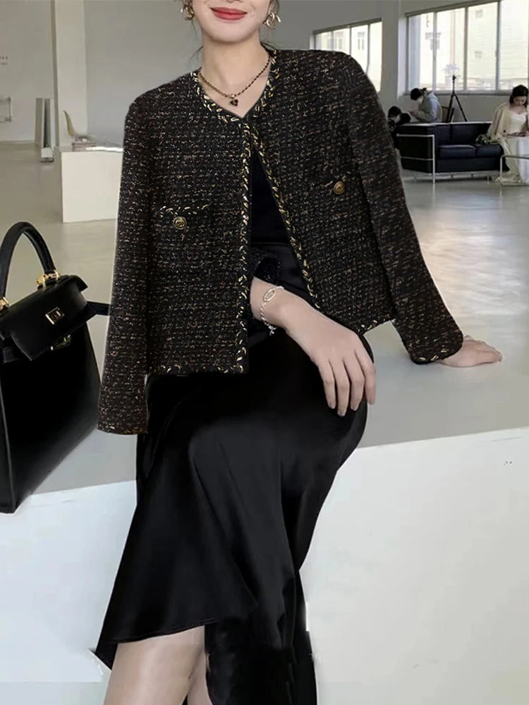 Black tweed jacket Professional spring /autumn women's jacket Business ladies One Piece Classic Coat