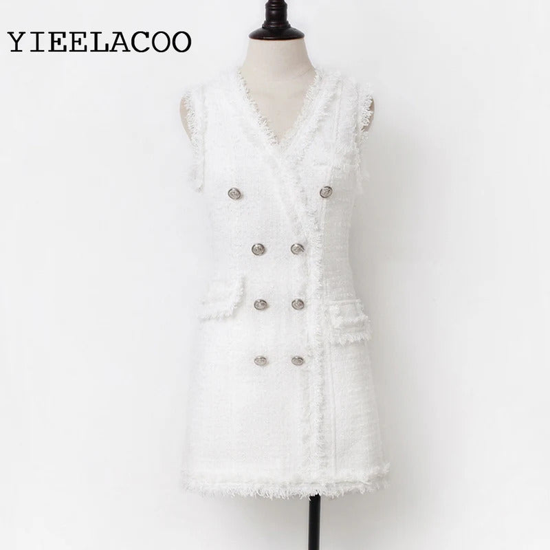 Elegant White Socialite Spring / Autumn Tweed Thin Women's Dress sleeveless fragrance style New bright wire braided Mini dress