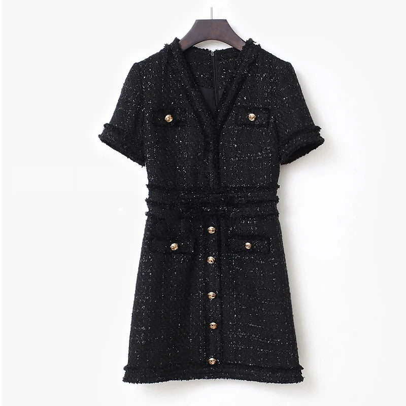 Elegant Black Socialite Spring / Autumn Tweed Thin Women's Dress small fragrance style New bright wire braided Mini dress