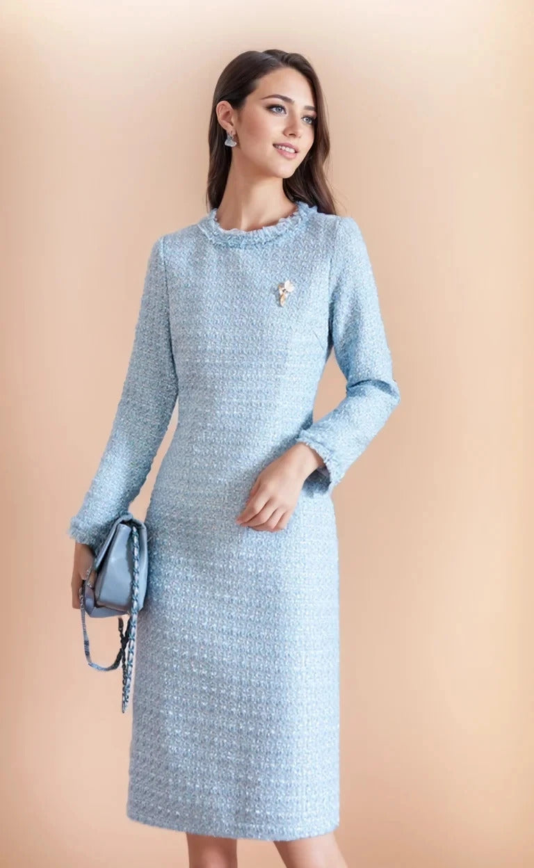 Blue Tweed Dress spring / autumn women's dress  tassel  slim  one-piece  Ladies Classic bottoming dress