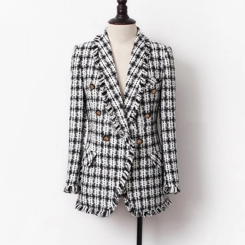 Tweed jacket Black/white plaid spring / autumn women's coat jacket Double-breasted ladies suit small fragrant wind jacket