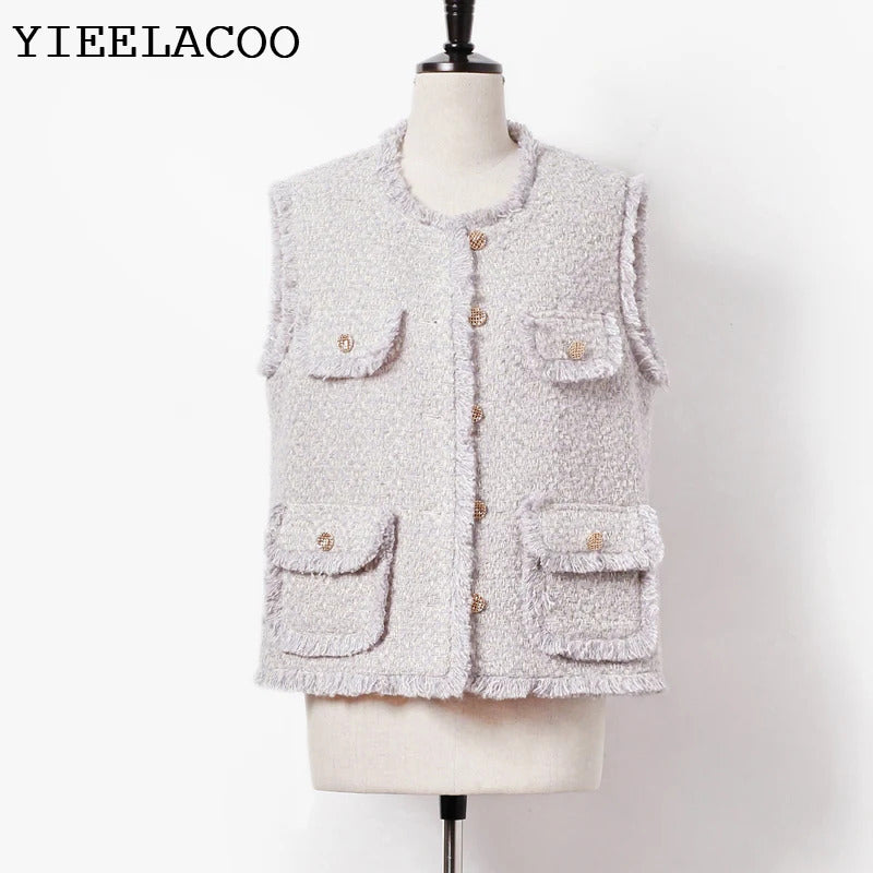 Purple Women's Tweed Jacket Coat  Sleeveless Ladies Spring /Autumn /Winter  Classic Jacket Fashion Fragrance Woven Top