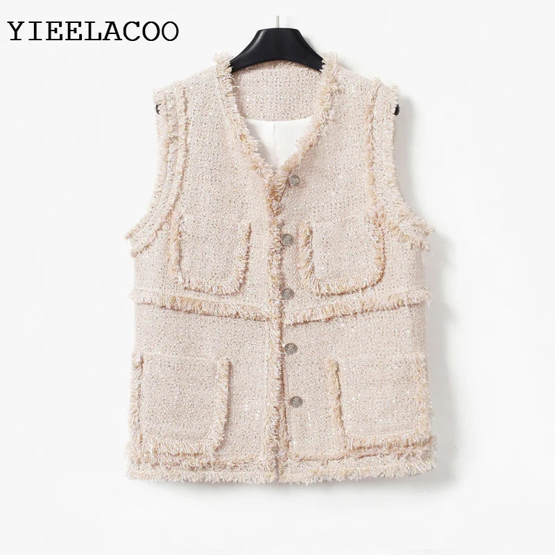 Apricot Sequin Coat  Sleeveless Ladies Spring /Autumn /Winter  Classic Women's Tweed Jacket Coat  Fashion Fragrance Woven Top