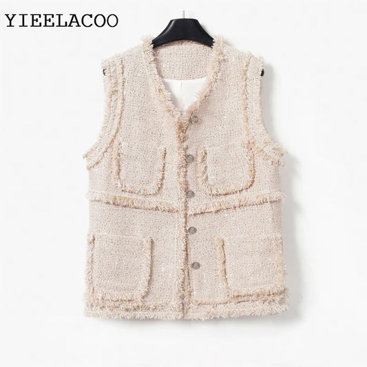 Apricot Sequin Coat  Sleeveless Ladies Spring /Autumn /Winter  Classic Women's Tweed Jacket Coat  Fashion Fragrance Woven Top