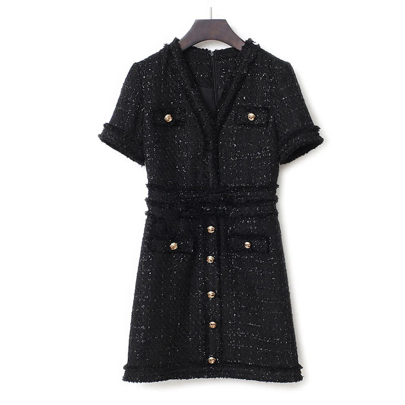 Elegant Black Socialite Spring / Autumn Tweed Thin Women's Dress small fragrance style New bright wire braided Mini dress