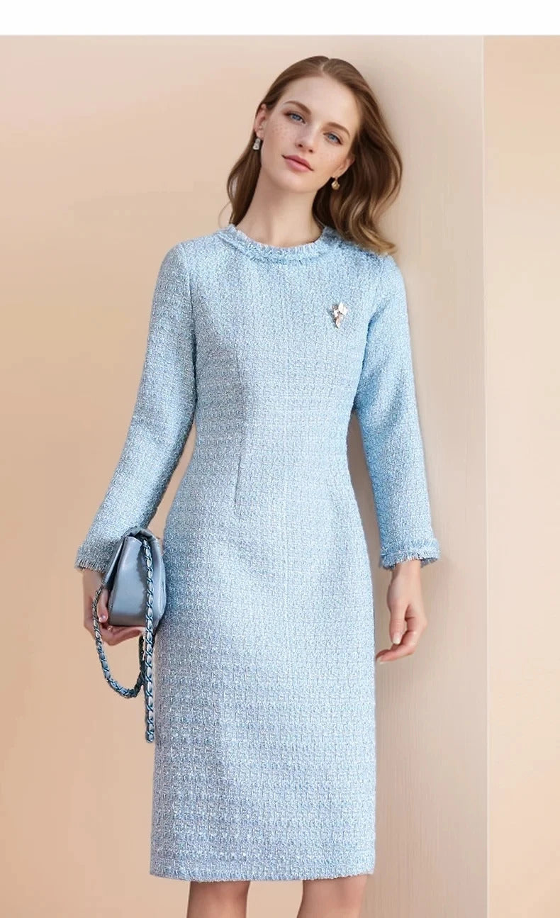 Blue Tweed Dress spring / autumn women's dress  tassel  slim  one-piece  Ladies Classic bottoming dress