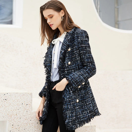 Dark blue tweed coat Sequins flash fabr Medium-long one-piece Autumn/winter women's jacket New Small Fragrance ladies coat