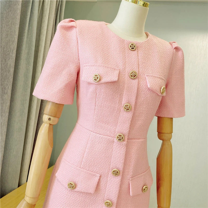 spring / autumn dress Small fragrant wind  New Light Luxury Elegant Mini dress Pink Short sleeve Women Tweed Dress