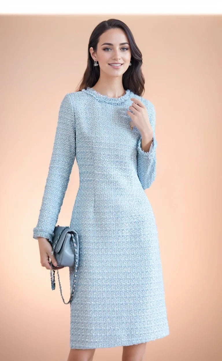 Blue Tweed Dress spring / autumn women's dress  tassel  slim  one-piece  Ladies Classic bottoming dress