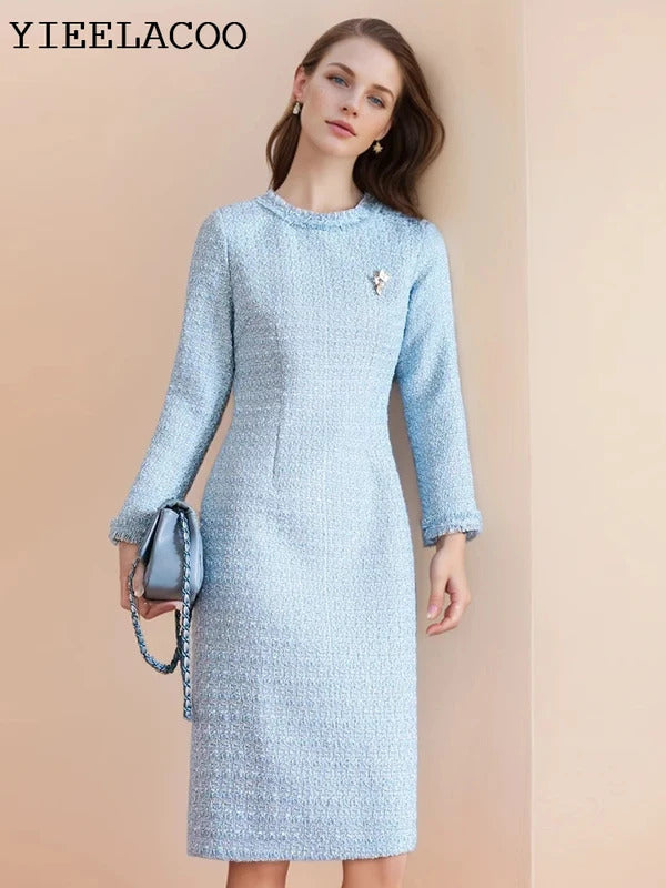 Blue Tweed Dress spring / autumn women's dress  tassel  slim  one-piece  Ladies Classic bottoming dress