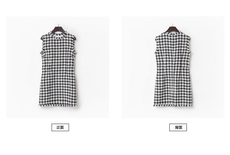 Black White Plaid Tweed Dress New Spring / Summer Autumn Little Fragrance Elegant Office Ladies Slim One-Piece Dress