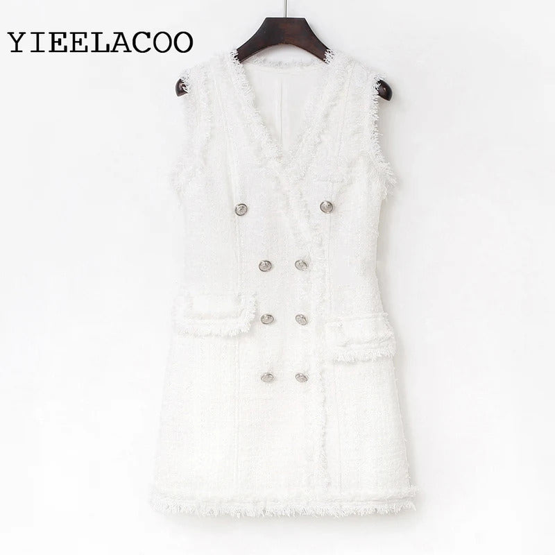 Elegant White Socialite Spring / Autumn Tweed Thin Women's Dress sleeveless fragrance style New bright wire braided Mini dress