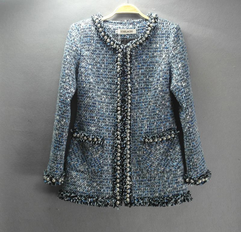 Blue tweed coat +short suit beading advanced custom heavy autumn/winter  Women jacket set and long sections ladies jacket coat