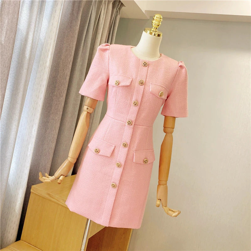 spring / autumn dress Small fragrant wind  New Light Luxury Elegant Mini dress Pink Short sleeve Women Tweed Dress