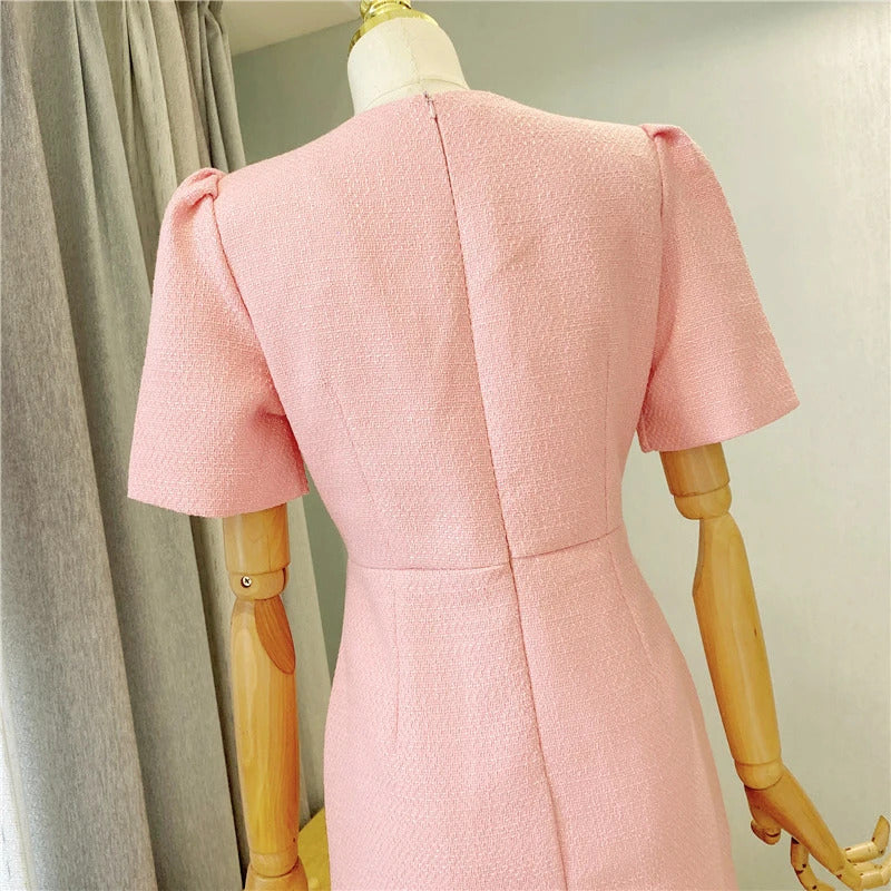 spring / autumn dress Small fragrant wind  New Light Luxury Elegant Mini dress Pink Short sleeve Women Tweed Dress