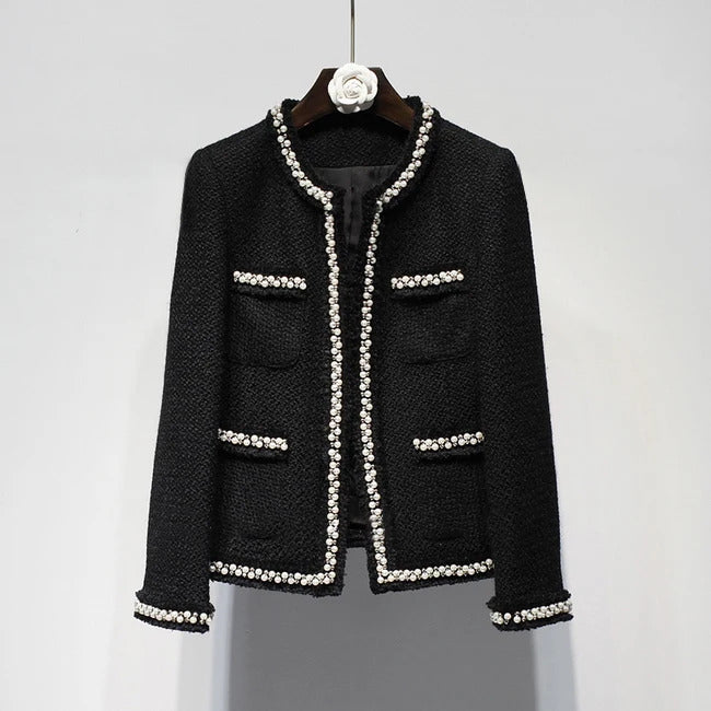 Black tweed women jacket spring / autumn / winter woolen coat new Wool handmade beads classic  jacket Ladies