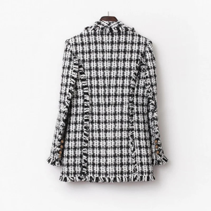 Tweed jacket Black/white plaid spring / autumn women's coat jacket Double-breasted ladies suit small fragrant wind jacket