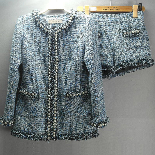 Blue tweed coat +short suit beading advanced custom heavy autumn/winter  Women jacket set and long sections ladies jacket coat