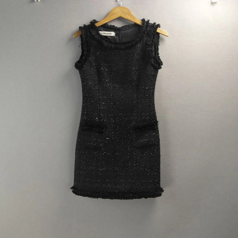 Black bright silk tweed sleeveless dress custom spring / autumn ladies dress was thin ladies bottoming dress