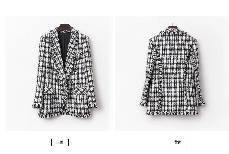 Tweed jacket Black/white plaid spring / autumn women's coat jacket Double-breasted ladies suit small fragrant wind jacket