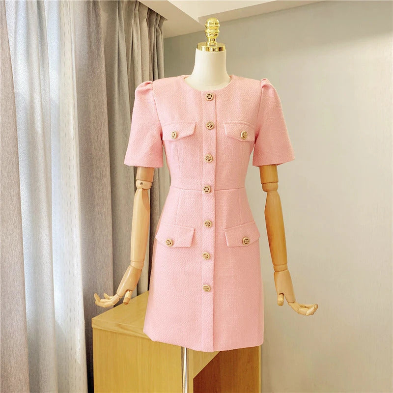 spring / autumn dress Small fragrant wind  New Light Luxury Elegant Mini dress Pink Short sleeve Women Tweed Dress