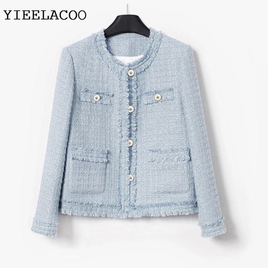 Elegant style, Light blue  tweed woven jacket, new spring/autumn/winter woolen coat, new Wool classic jacket Ladies