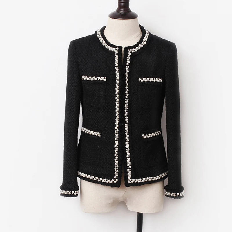 Black tweed women jacket spring / autumn / winter woolen coat new Wool handmade beads classic  jacket Ladies