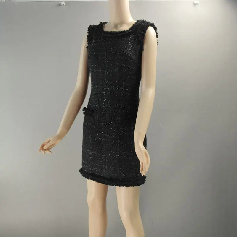 Black bright silk tweed sleeveless dress custom spring / autumn ladies dress was thin ladies bottoming dress