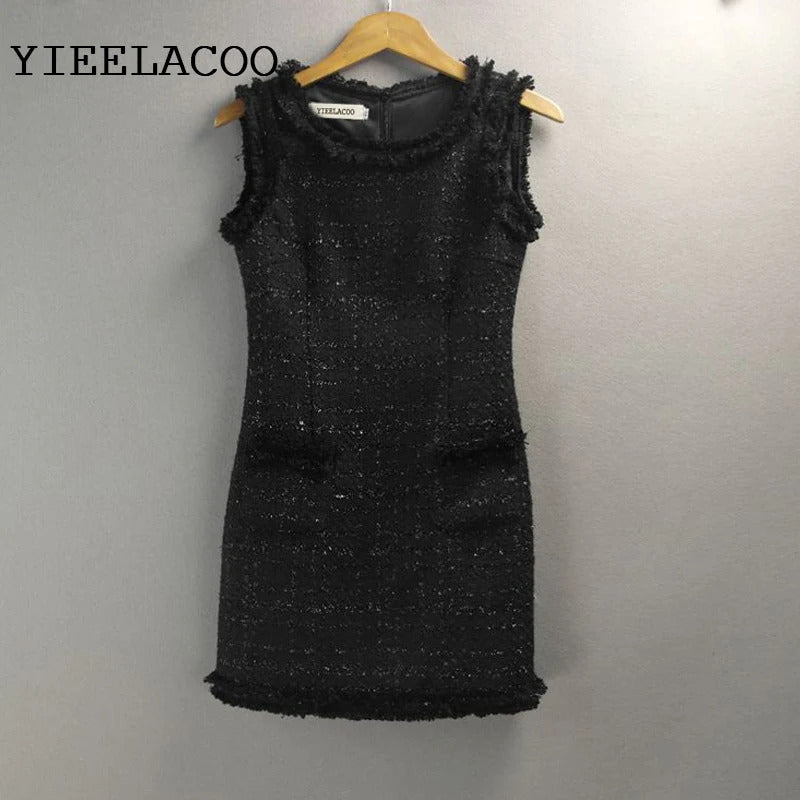 Black bright silk tweed sleeveless dress custom spring / autumn ladies dress was thin ladies bottoming dress