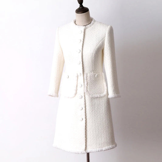 White wool tweed jacket in the long section of autumn and winter Women's Coat new seven-point sleeve Slim ladies jacket coat